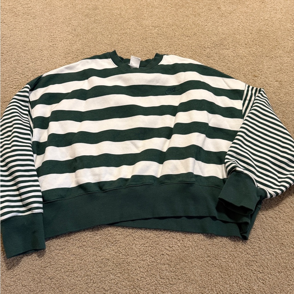 Nike Forest Green and White Striped Crewneck